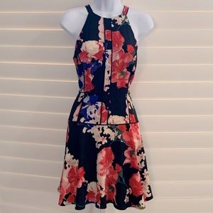Guess Halterneck Corset Fit Dress- Black with Bold Floral Print Size 6